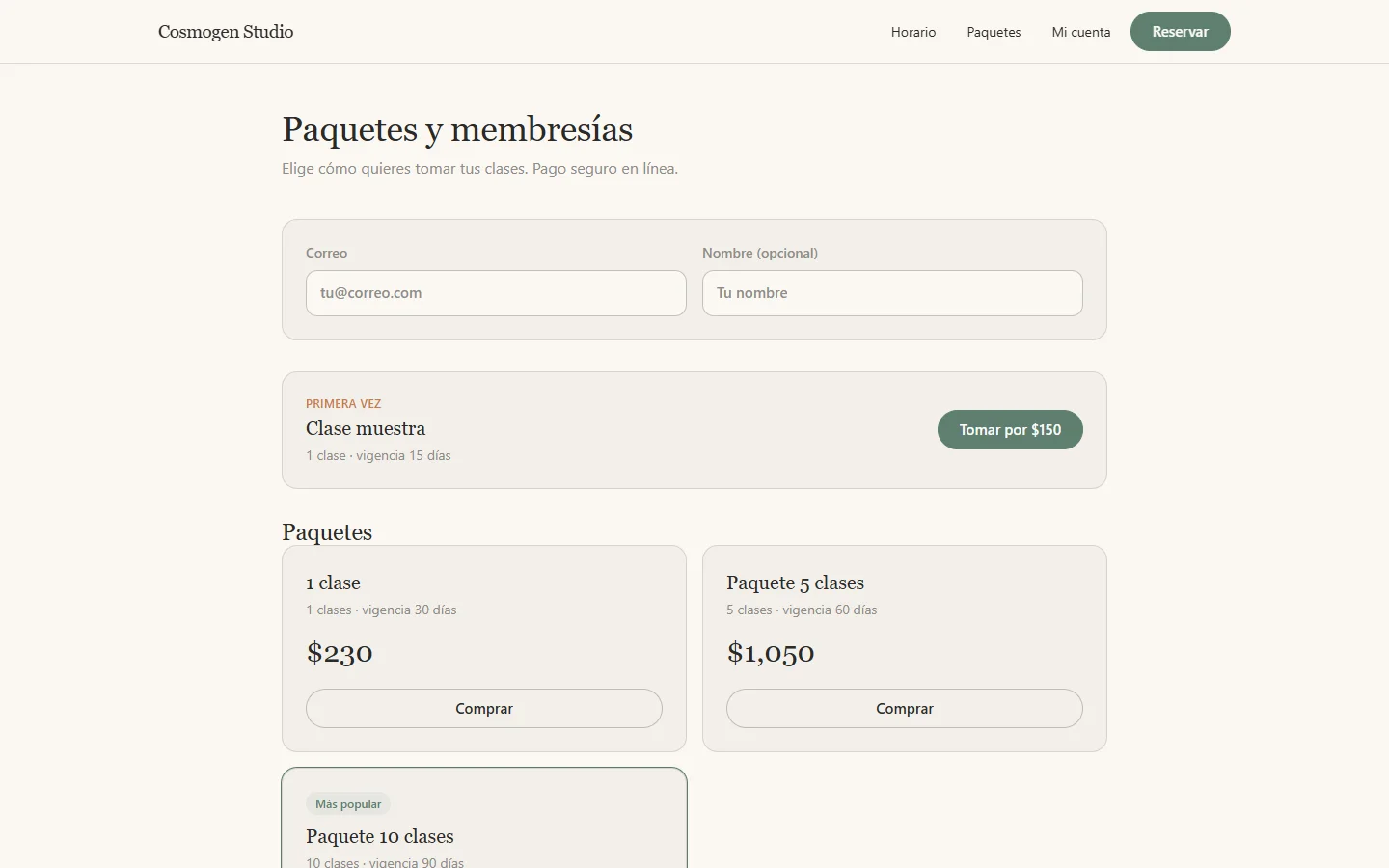 Paquetes y membresías en Cosmogen Reservas